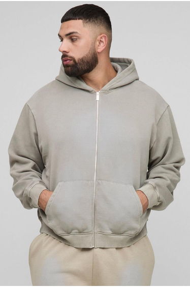 Plus Oversized Boxy Spray Wash Zip Through Hoodie - taupe