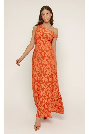 Orange Flocked Fallen Shoulder Maxi Dress