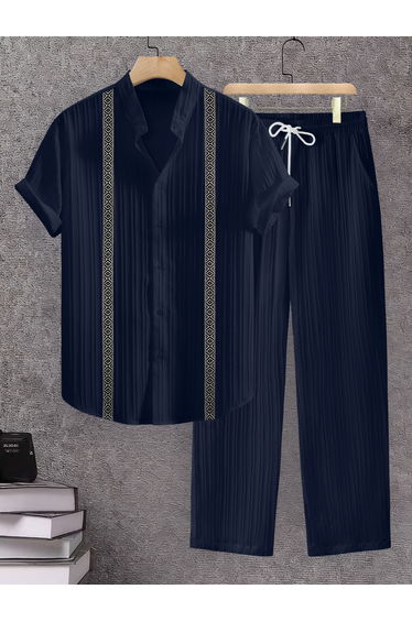 Men Navy Blue Jacquard Stand Collar Short Sleeve Button Front Shirt and Pants Co-Ords