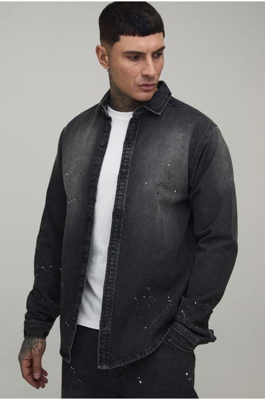 Tall Regular Fit Spray Washed Paint Splatter Denim Shirt - washed charcoal
