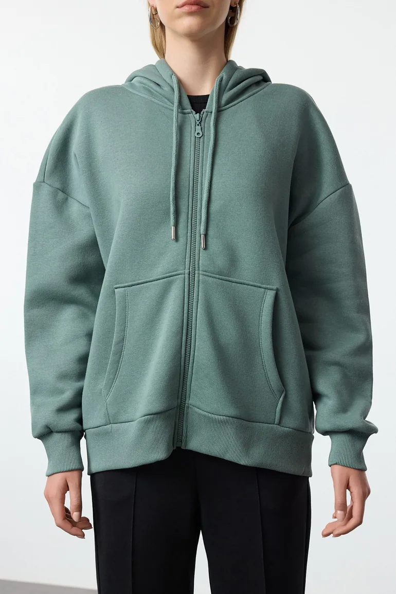 Dark Green Oversize/Relaxed Fit Zippered Thick Inside Fleece Knitted Sweatshirt - 3