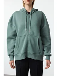 Dark Green Oversize/Relaxed Fit Zippered Thick Inside Fleece Knitted Sweatshirt - 3