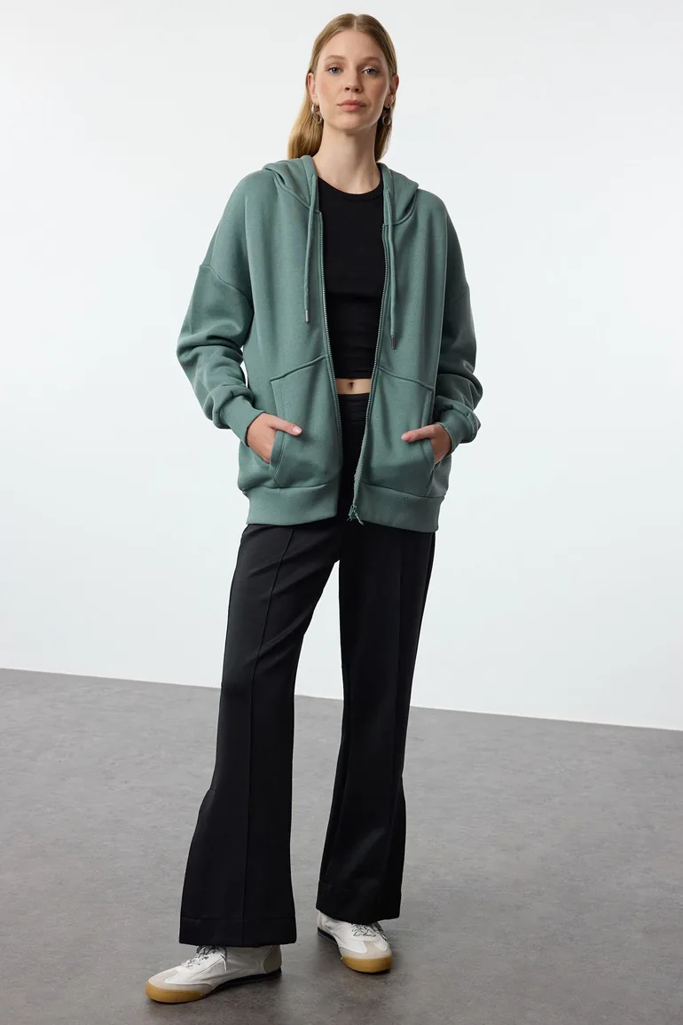 Dark Green Oversize/Relaxed Fit Zippered Thick Inside Fleece Knitted Sweatshirt