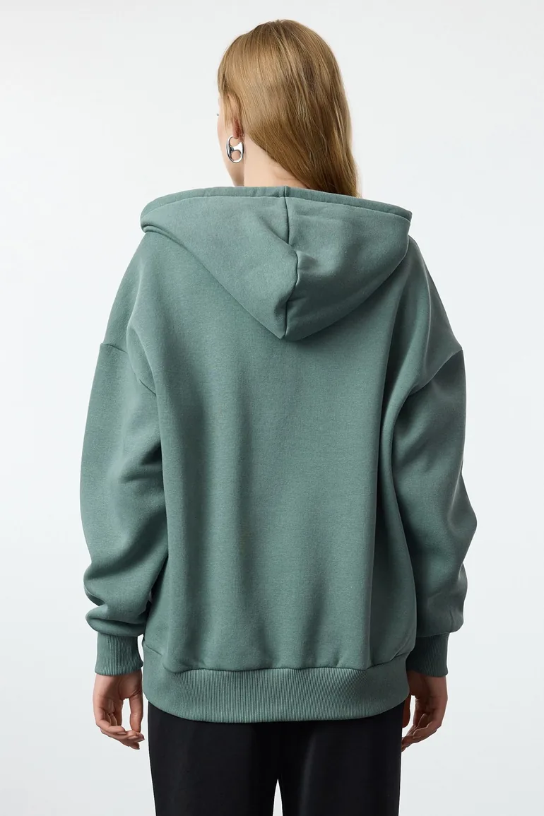 Dark Green Oversize/Relaxed Fit Zippered Thick Inside Fleece Knitted Sweatshirt - 4