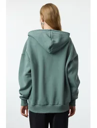 Dark Green Oversize/Relaxed Fit Zippered Thick Inside Fleece Knitted Sweatshirt - 4