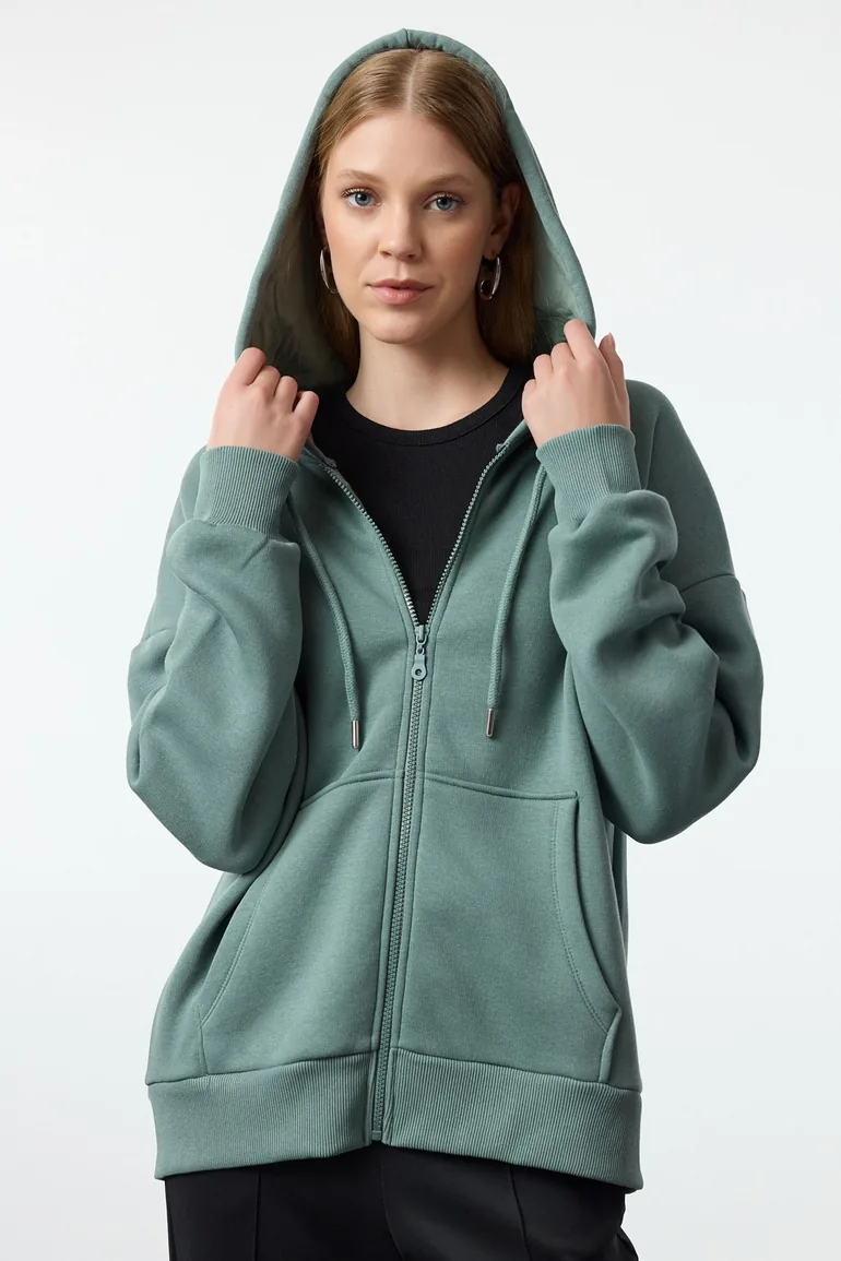 Dark Green Oversize/Relaxed Fit Zippered Thick Inside Fleece Knitted Sweatshirt - 1
