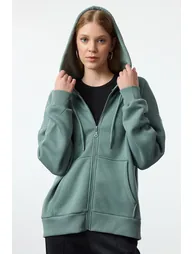 Dark Green Oversize/Relaxed Fit Zippered Thick Inside Fleece Knitted Sweatshirt - 1