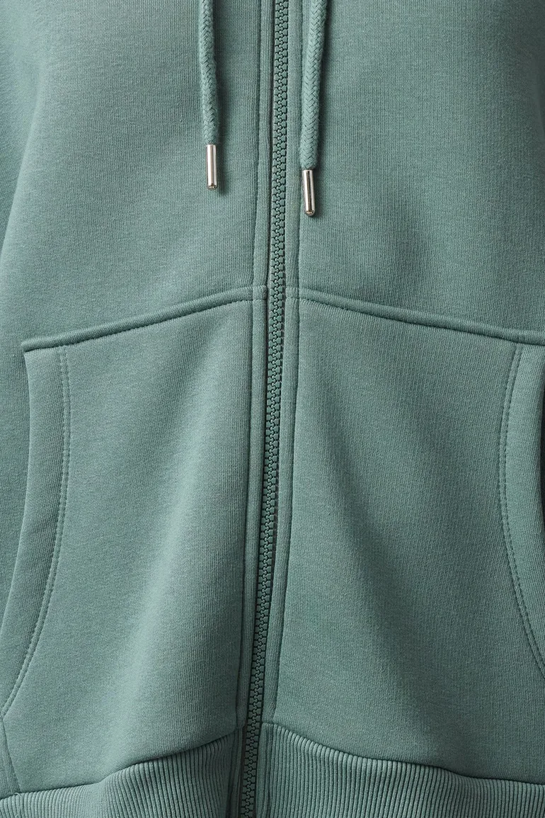Dark Green Oversize/Relaxed Fit Zippered Thick Inside Fleece Knitted Sweatshirt - 2