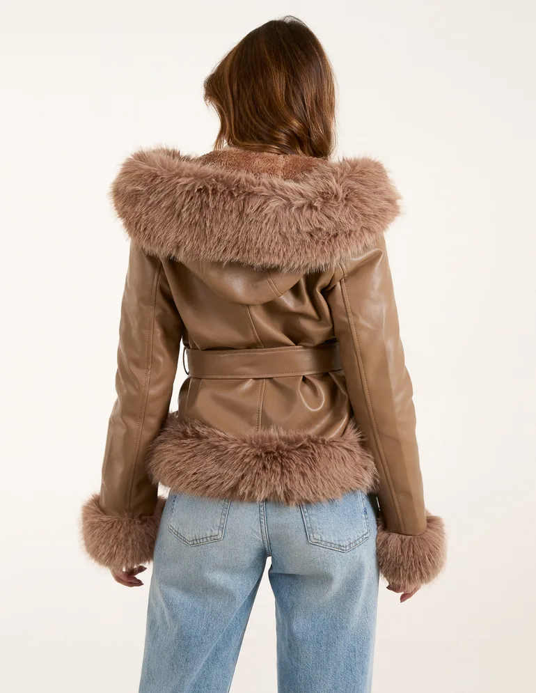 Hooded Zip Faux Fur Cropped PU Jacket - 4
