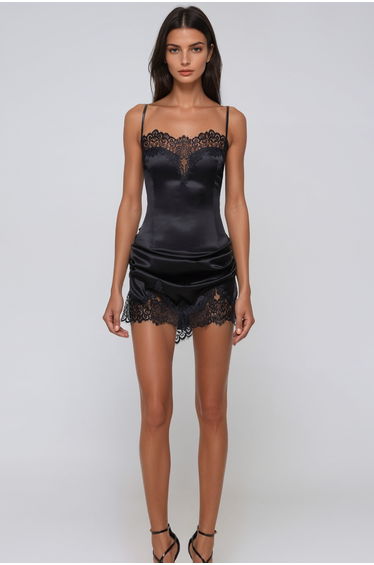Jaylah Spaghetti Lace Ruch Mini Dress