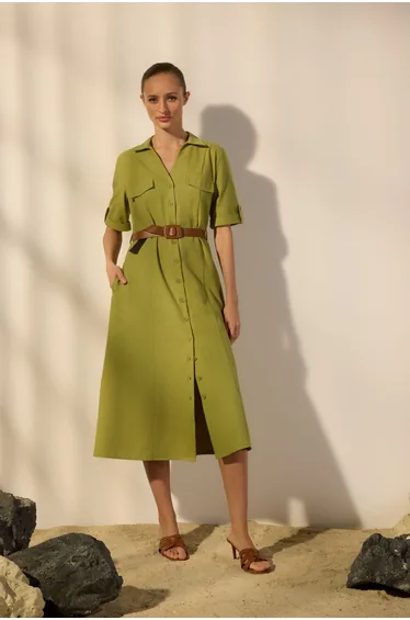 Khaki Belted Linen Blend Pocket Detailed Midi Woven Shirt Dress