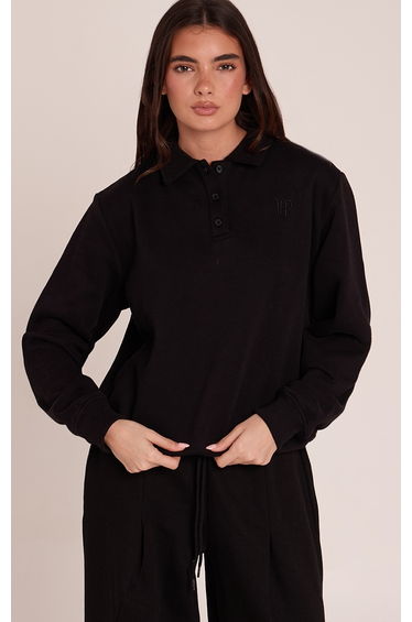 Black Cotton Fleece Polo Sweatshirt