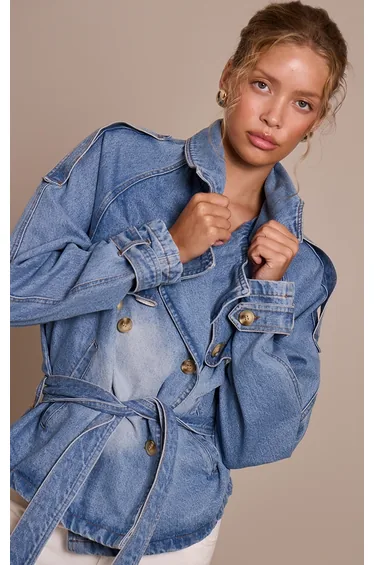 Mid Blue Wash Belted Cropped Button Detail Denim Trench