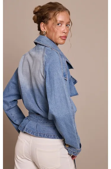 Mid Blue Wash Belted Cropped Button Detail Denim Trench