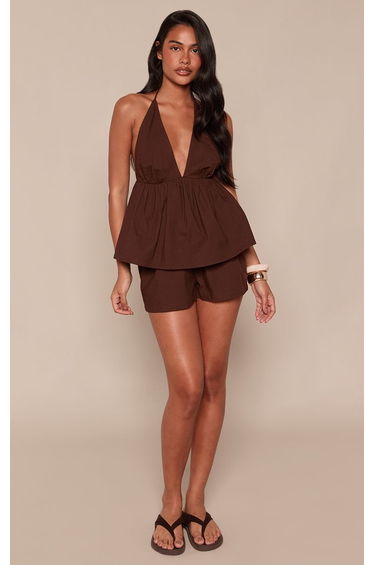 Chocolate Linen Look Halter Neck Peplum Playsuit