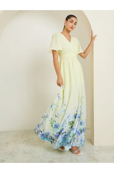 Yellow Floral Printed Wrap Maxi Dress