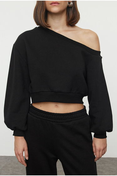 Black Regular Fit Thick Inside Fleece Crop Asymmetrical Collar Knitted Sweatshirt