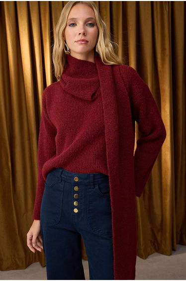 Burgundy Wool Blend Beard Yarn Shawl Collar Detailed Knitwear Sweater