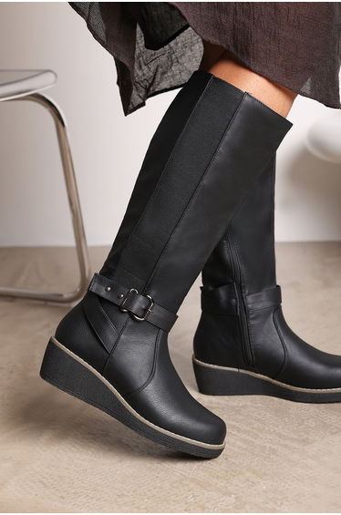 Oriana Black Faux Leather Knee High Wedge Boots With Strap And Buckle