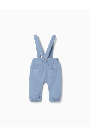 Waffle‑textured cotton trousers with straps for newborn boys blue
