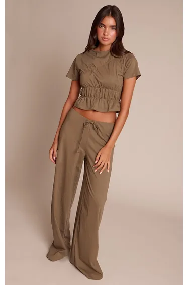 Dark Olive Cotton Ruched Detail Top