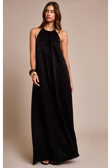 Black Crinkle Textured Bead Detail Halter Maxi Dress