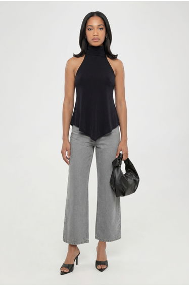 Acetate Slinky High Halterneck Asymmetric Top - black