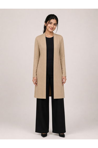 Beige Solid Ribbed Longline Open Front Shrug
