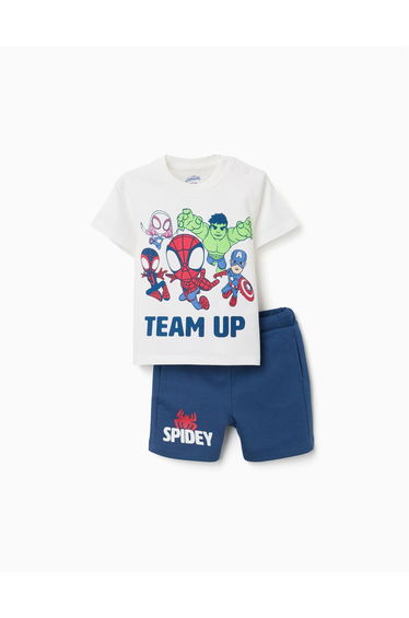 T Shirt + Shorts With Spidey & Friends Print For Babies And Boys White Blue
