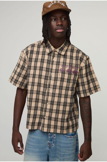 Oversized Boxy Western Print Check Short Sleeve Shirt - beige