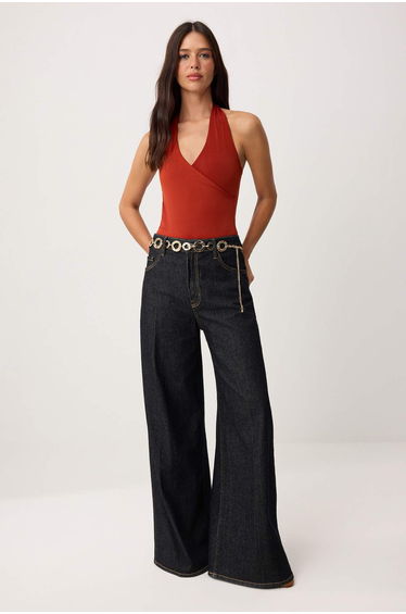 Tile Plain Fitted Halter Neck Tie-Detail Sleeveless Snap Fastener Stretchy Knitted Bodysuit