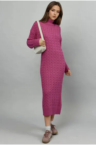 MY FASHION Long Sleeve Turtleneck Hair Braid Knit Dress