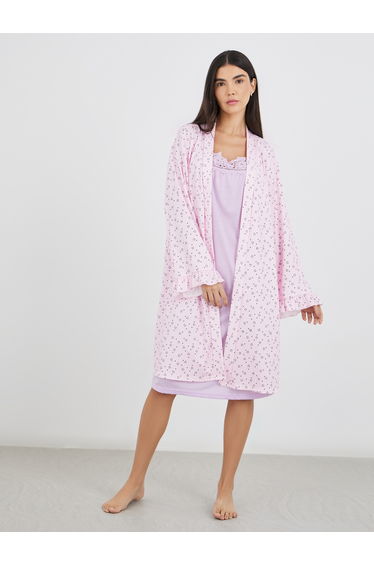 Ribbed Texture Heart Print Ruffle Sleeve Robe