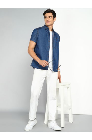 Men Blue Denim Short Sleeve Shirt