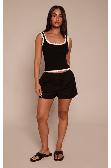 Petite Black Button Detail Linen Look Boxer Shorts
