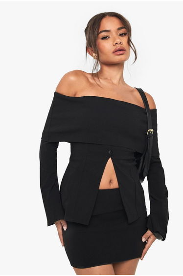 BENGALINE FOLD OVER BARDOT BELL SLEEVE LONGLINE TOP