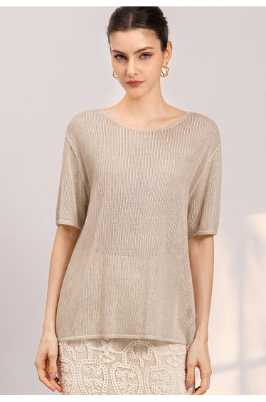 Crochet Cutout Back Openwork Knit Top in Oatmeal for Boutique Hop & Street Photography