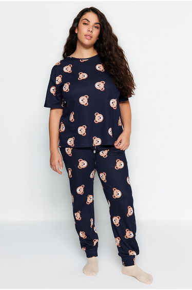 Navy Blue Teddy Bear Patterned Plus Size Pajamas Set
