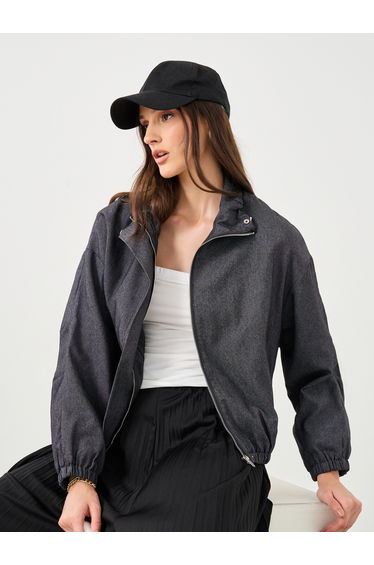 Women Black Regular Fit Denim Bomber Jacket