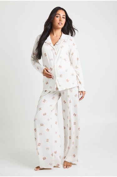 Maternity Bear Print Shirt & Trouser Pyjama Set - light brown