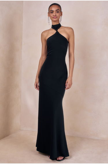 Bellora | Black Satin Halter-Neck Maxi Dress With Scarf-Detail