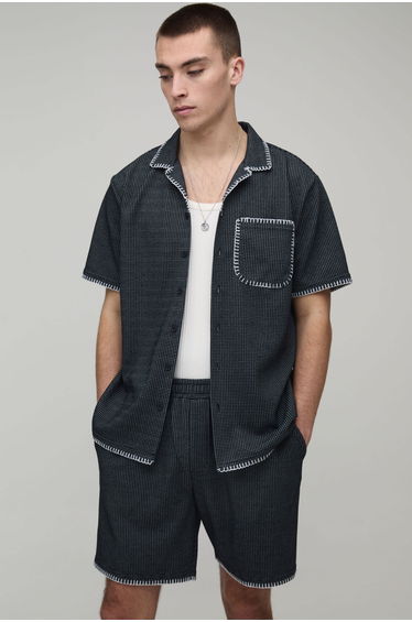 Waffle Contrast Stitch Regular Fit Shirt & Relaxed Short Set - black