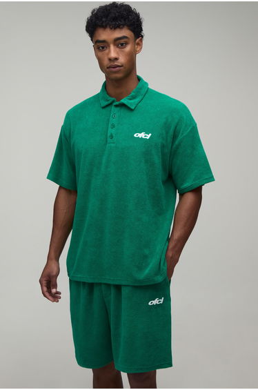 Oversized Towelling Polo & Baggy Short Set - dark green