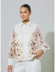 Off-White Floral Print Chiffon Long Sleeve Shirt - 2