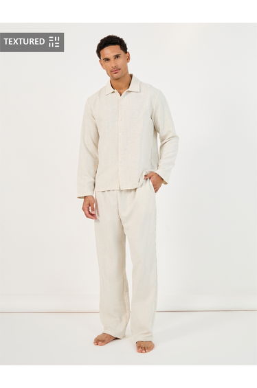 Textured Woven Striped Long Sleeve Shirt and Pyjama Set