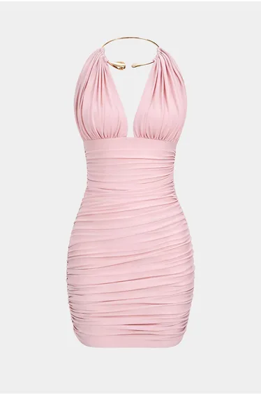 Metallic Halter Backless Ruched Sleeveless Mini Dress