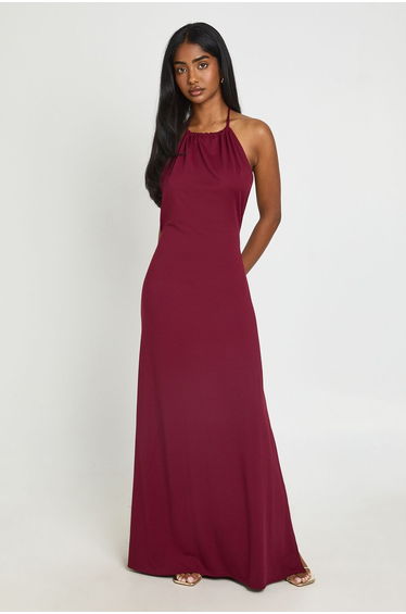 Ruched Neckline Halter Low Back Super Soft Maxi Dress - burgundy