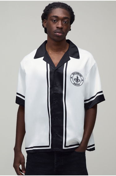 Oversized Half Sleeve Worldwide Border Print Satin Shirt - white