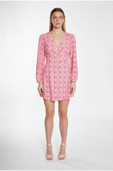 Raspberry Ditsy Button Front Long Sleeve Mini-Dress