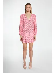 Raspberry Ditsy Button Front Long Sleeve Mini-Dress